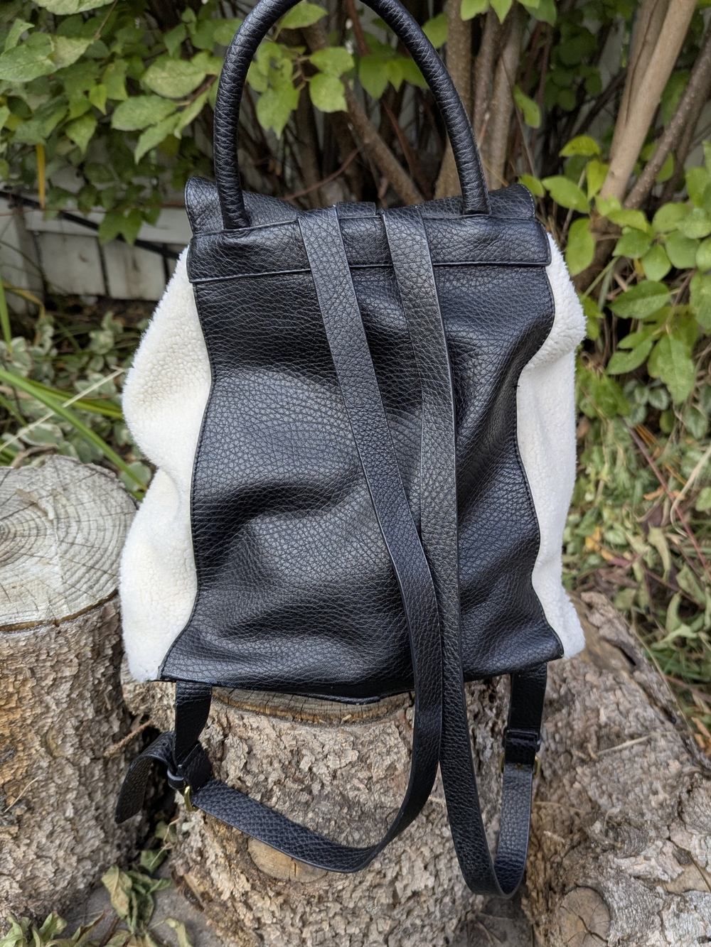 Indigo Cozy Chic Faux Shearling Sherpa Backpack Black Leather Buckle Daypack - Picture 9 of 14